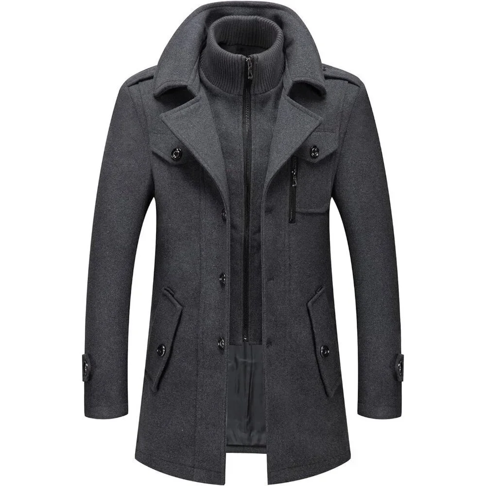 Men's Grey 2 Wool Blend Coat Warm Winter Trench Coat With Detachable Soft Scarf